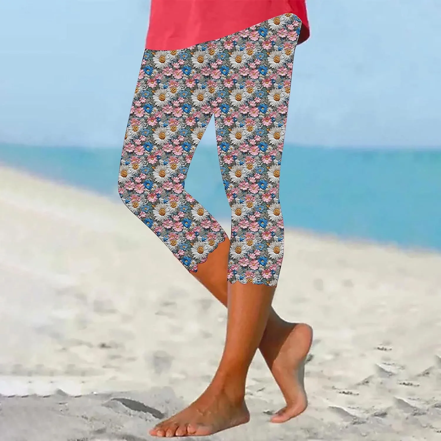 Capri Leggings for Women Plus Size Floral Print High Waist Capris Pants Wave Hem Yoga Gym Pants Casual Cropped Trouser