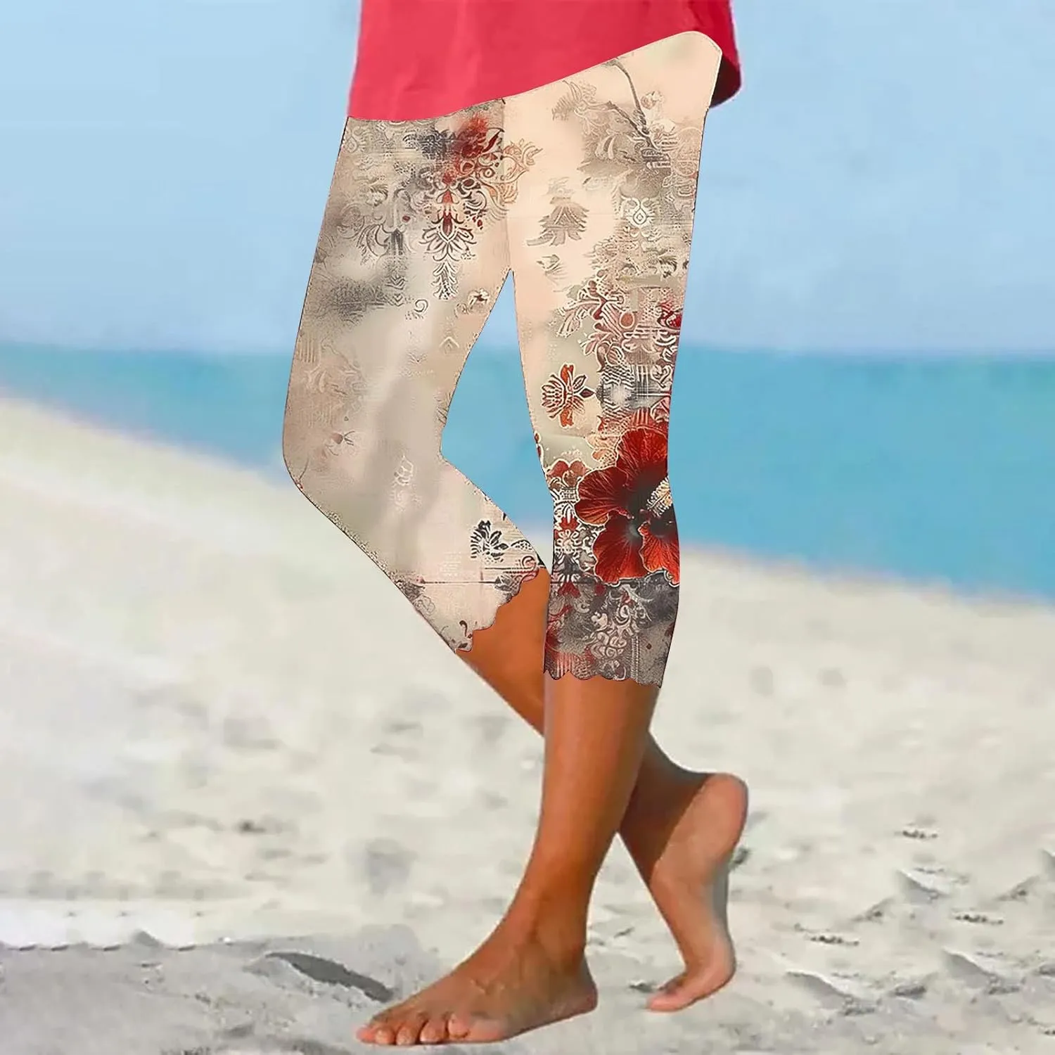 Capri Leggings for Women Plus Size Floral Print High Waist Capris Pants Wave Hem Yoga Gym Pants Casual Cropped Trouser