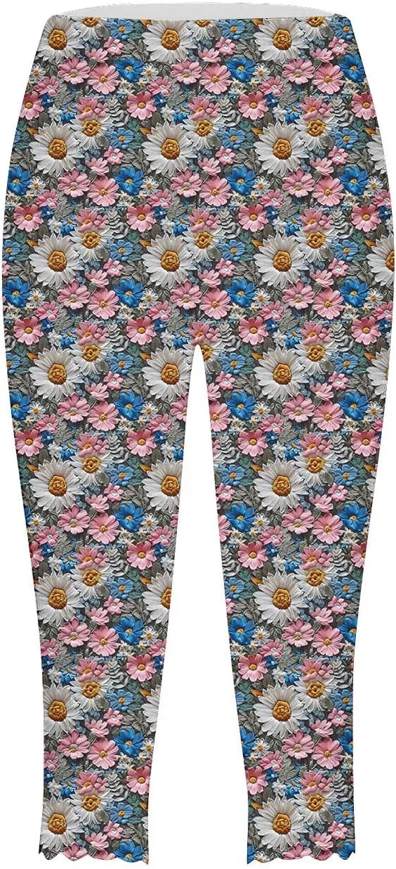 Capri Leggings for Women Plus Size Floral Print High Waist Capris Pants Wave Hem Yoga Gym Pants Casual Cropped Trouser