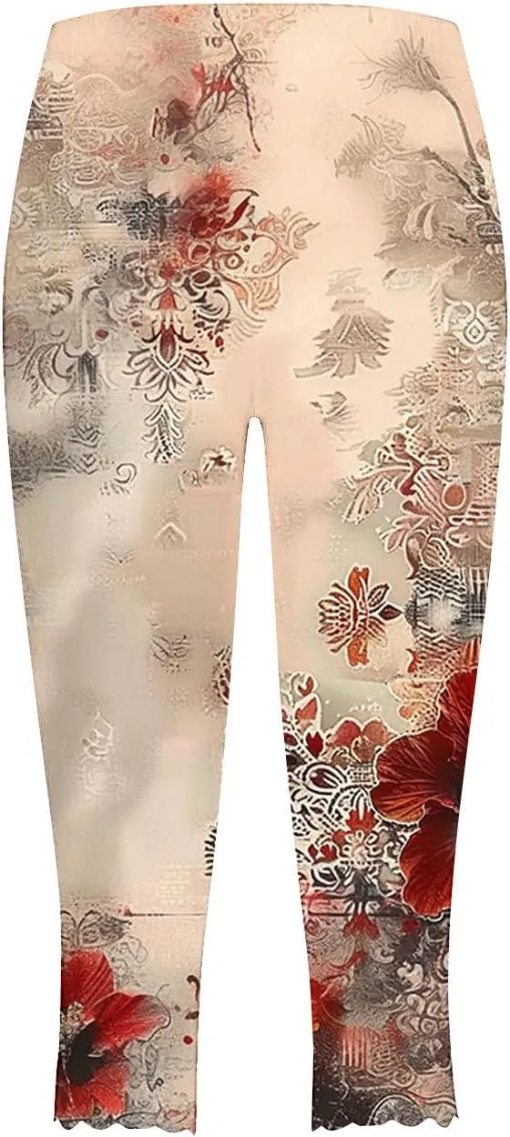 Capri Leggings for Women Plus Size Floral Print High Waist Capris Pants Wave Hem Yoga Gym Pants Casual Cropped Trouser