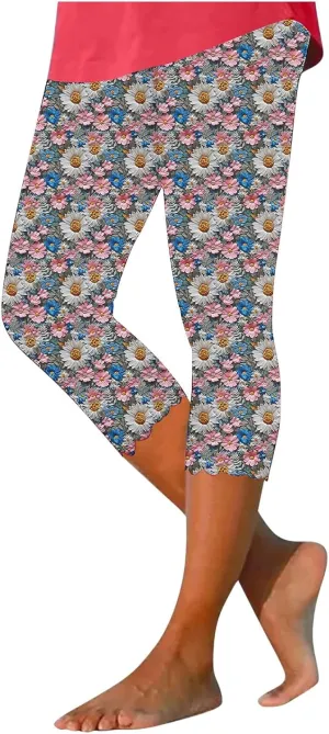 Capri Leggings for Women Plus Size Floral Print High Waist Capris Pants Wave Hem Yoga Gym Pants Casual Cropped Trouser