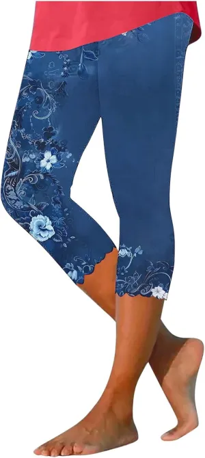 Capri Leggings for Women Plus Size Floral Print High Waist Capris Pants Wave Hem Yoga Gym Pants Casual Cropped Trouser