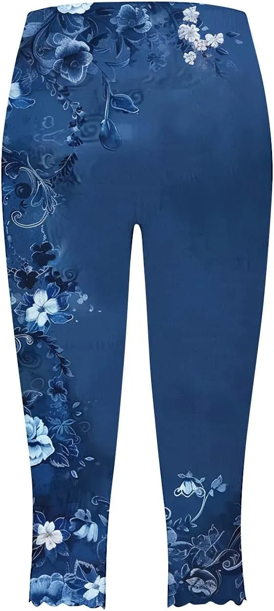 Capri Leggings for Women Plus Size Floral Print High Waist Capris Pants Wave Hem Yoga Gym Pants Casual Cropped Trouser