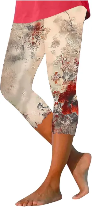 Capri Leggings for Women Plus Size Floral Print High Waist Capris Pants Wave Hem Yoga Gym Pants Casual Cropped Trouser