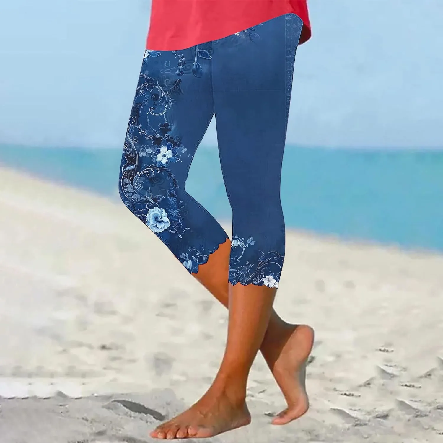 Capri Leggings for Women Plus Size Floral Print High Waist Capris Pants Wave Hem Yoga Gym Pants Casual Cropped Trouser