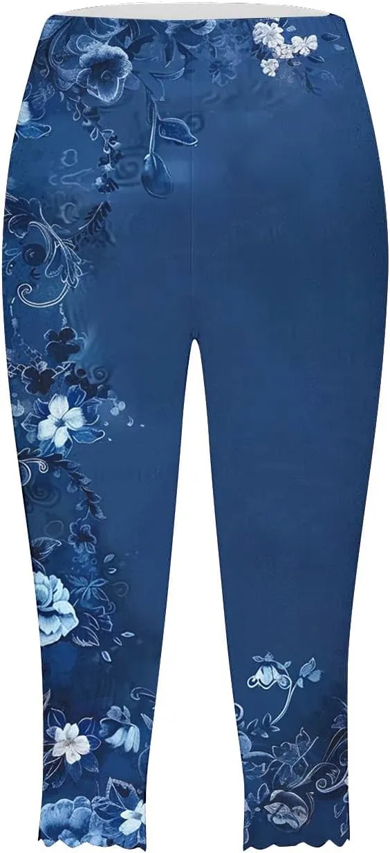Capri Leggings for Women Plus Size Floral Print High Waist Capris Pants Wave Hem Yoga Gym Pants Casual Cropped Trouser