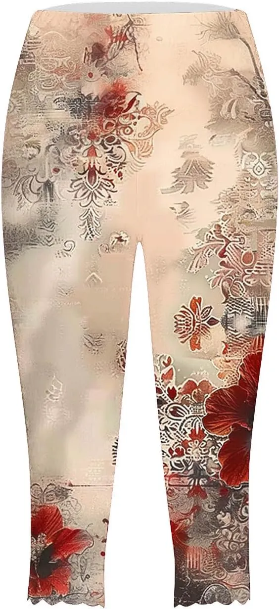 Capri Leggings for Women Plus Size Floral Print High Waist Capris Pants Wave Hem Yoga Gym Pants Casual Cropped Trouser
