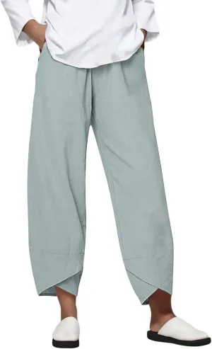 Capri Linen Pants for Women Summer Casual Wide Leg Pants Loose Fit Palazzo Pants Elastic Waist Cropped Trousers