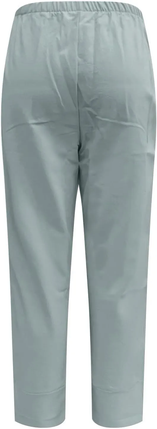 Capri Linen Pants for Women Summer Casual Wide Leg Pants Loose Fit Palazzo Pants Elastic Waist Cropped Trousers