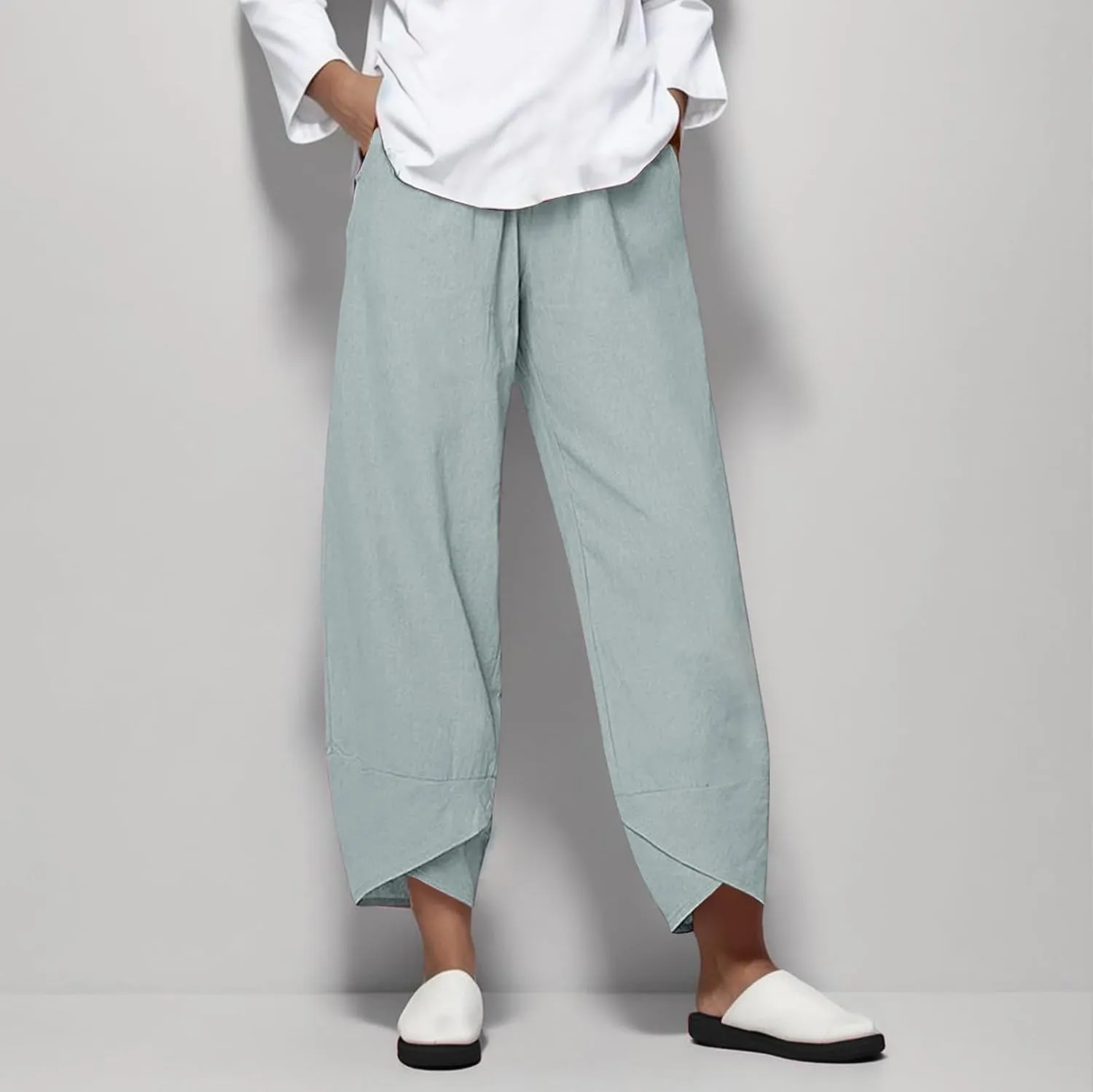 Capri Linen Pants for Women Summer Casual Wide Leg Pants Loose Fit Palazzo Pants Elastic Waist Cropped Trousers