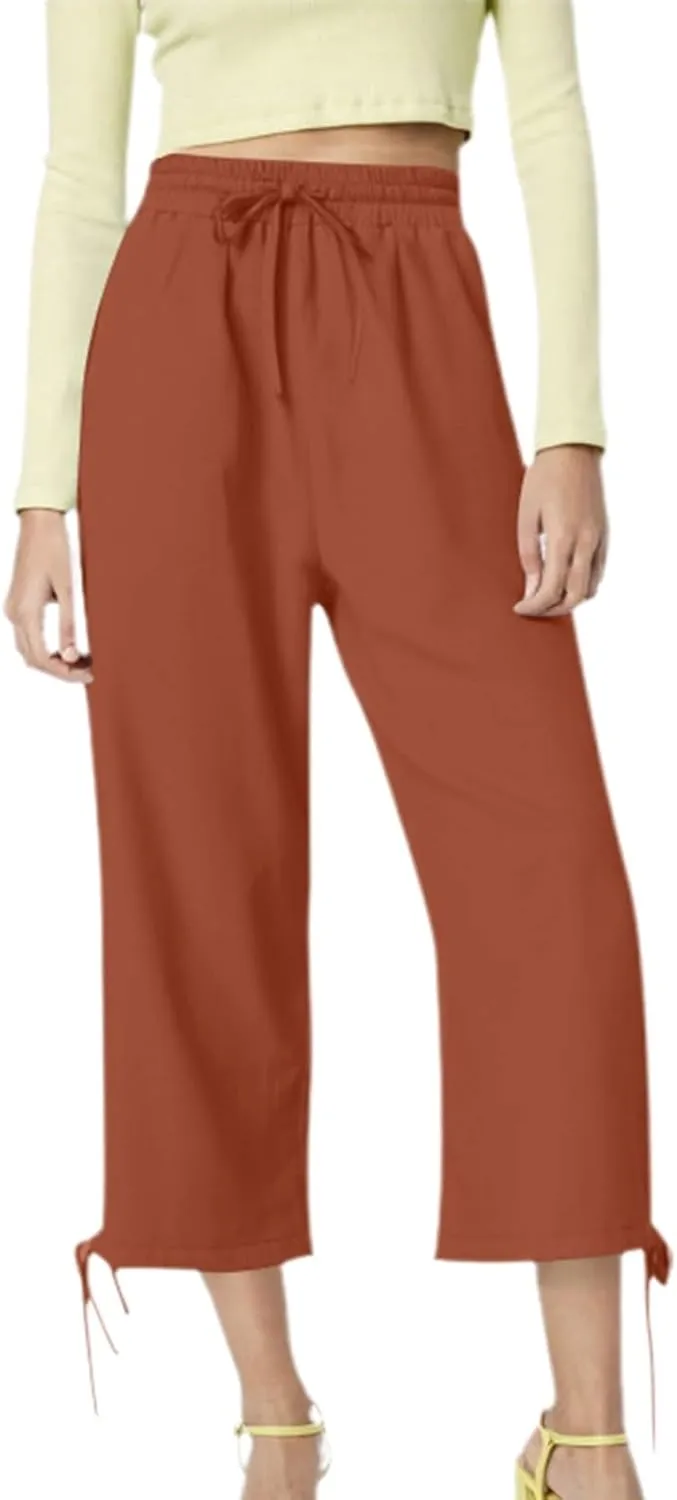 Capri Pants for Women 2025 Summer Drawstring High Waist Linen Pant Casual Straight Wide Leg Cropped Trouser Pockets