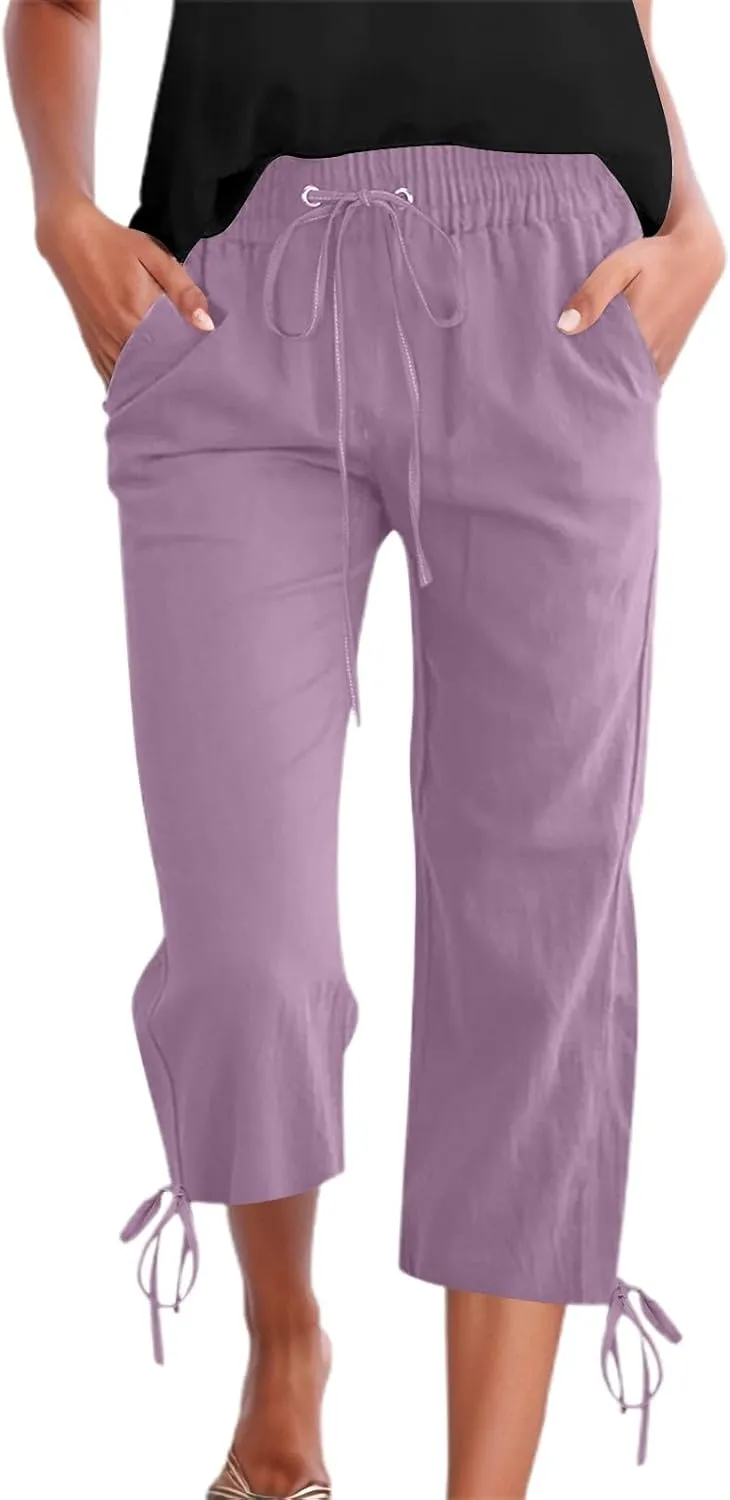 Capri Pants for Women 2025 Summer Drawstring High Waist Linen Pant Casual Straight Wide Leg Cropped Trouser Pockets