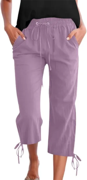 Capri Pants for Women 2025 Summer Drawstring High Waist Linen Pant Casual Straight Wide Leg Cropped Trouser Pockets