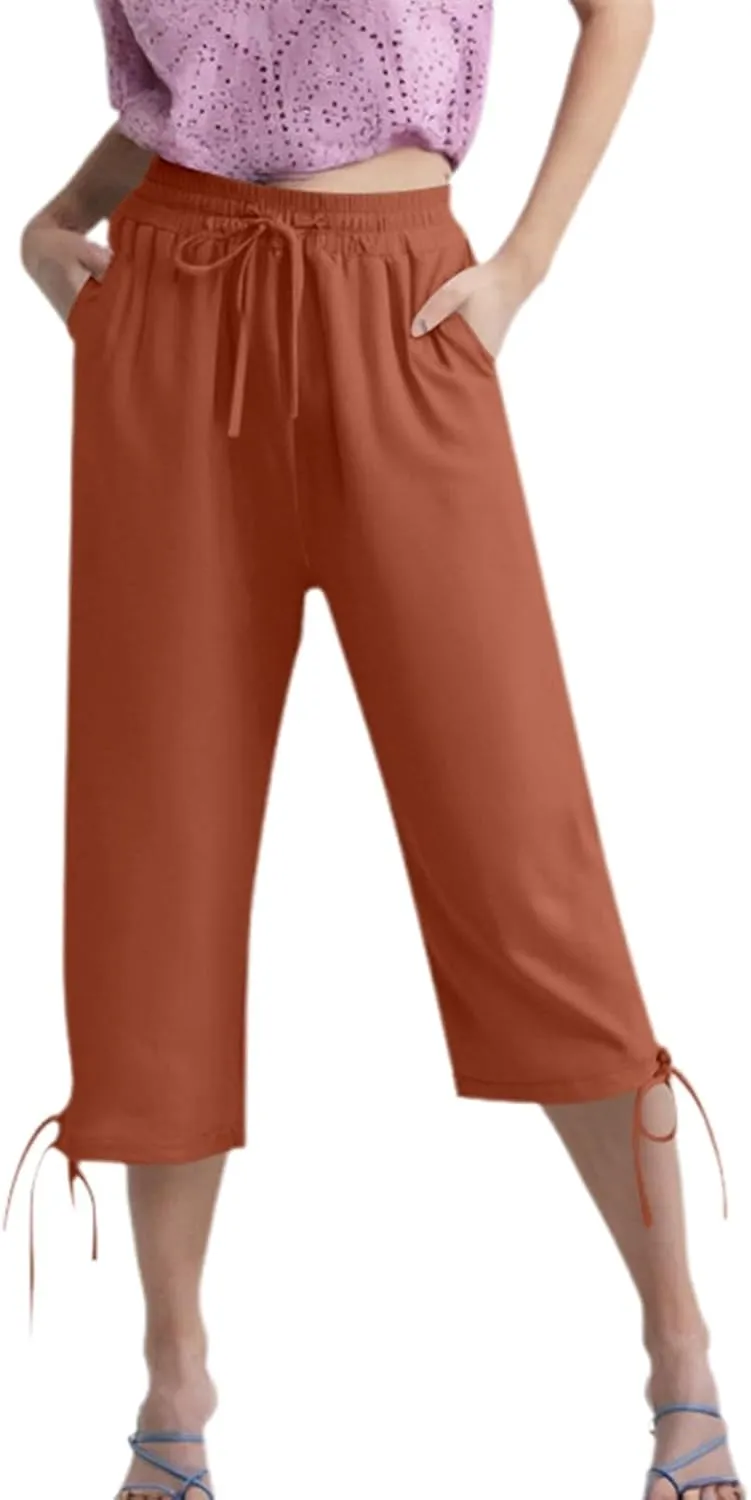 Capri Pants for Women 2025 Summer Drawstring High Waist Linen Pant Casual Straight Wide Leg Cropped Trouser Pockets