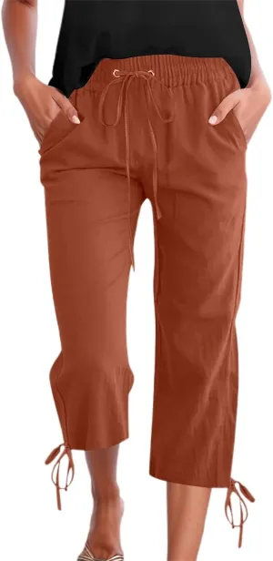 Capri Pants for Women 2025 Summer Drawstring High Waist Linen Pant Casual Straight Wide Leg Cropped Trouser Pockets