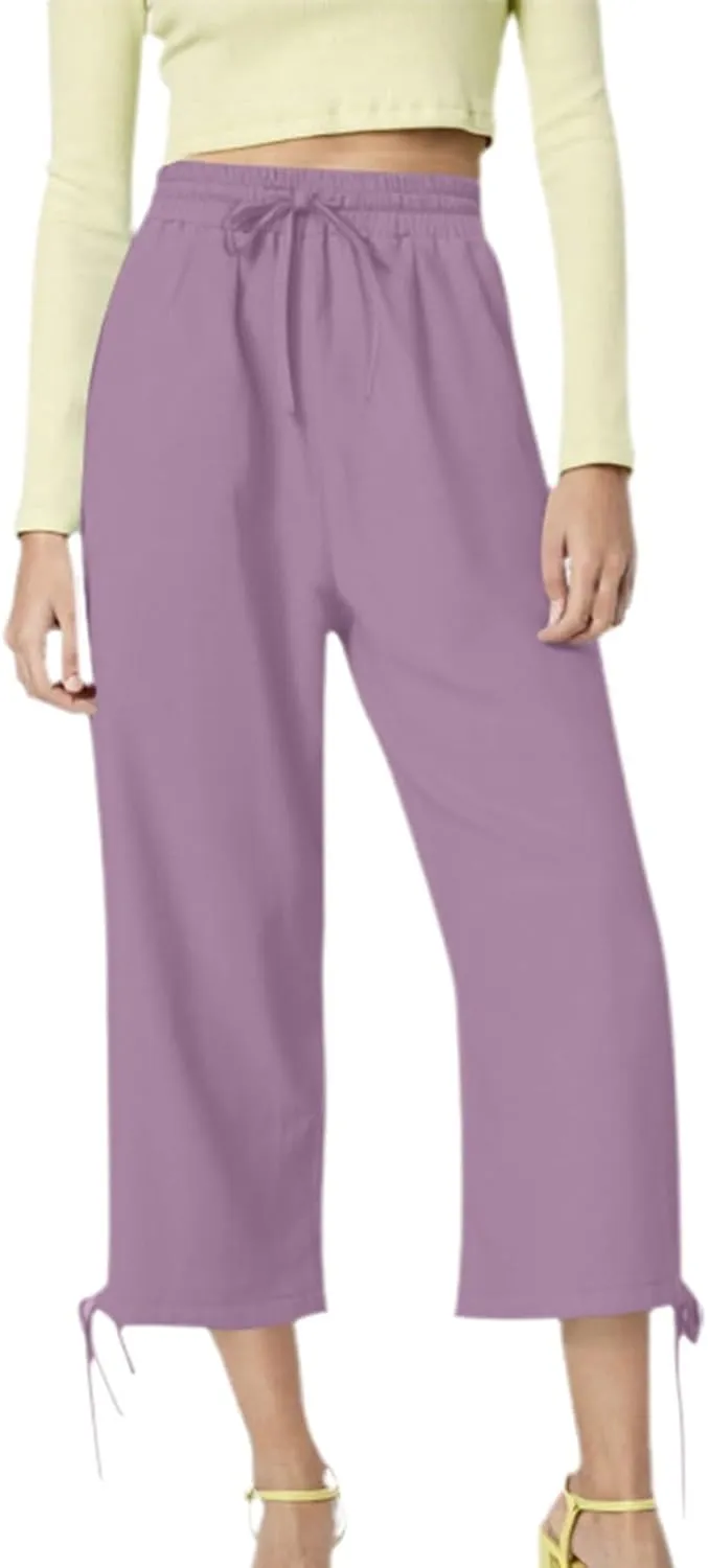 Capri Pants for Women 2025 Summer Drawstring High Waist Linen Pant Casual Straight Wide Leg Cropped Trouser Pockets