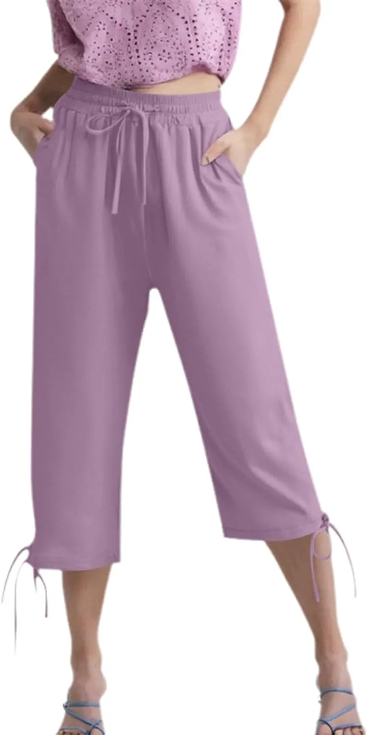 Capri Pants for Women 2025 Summer Drawstring High Waist Linen Pant Casual Straight Wide Leg Cropped Trouser Pockets