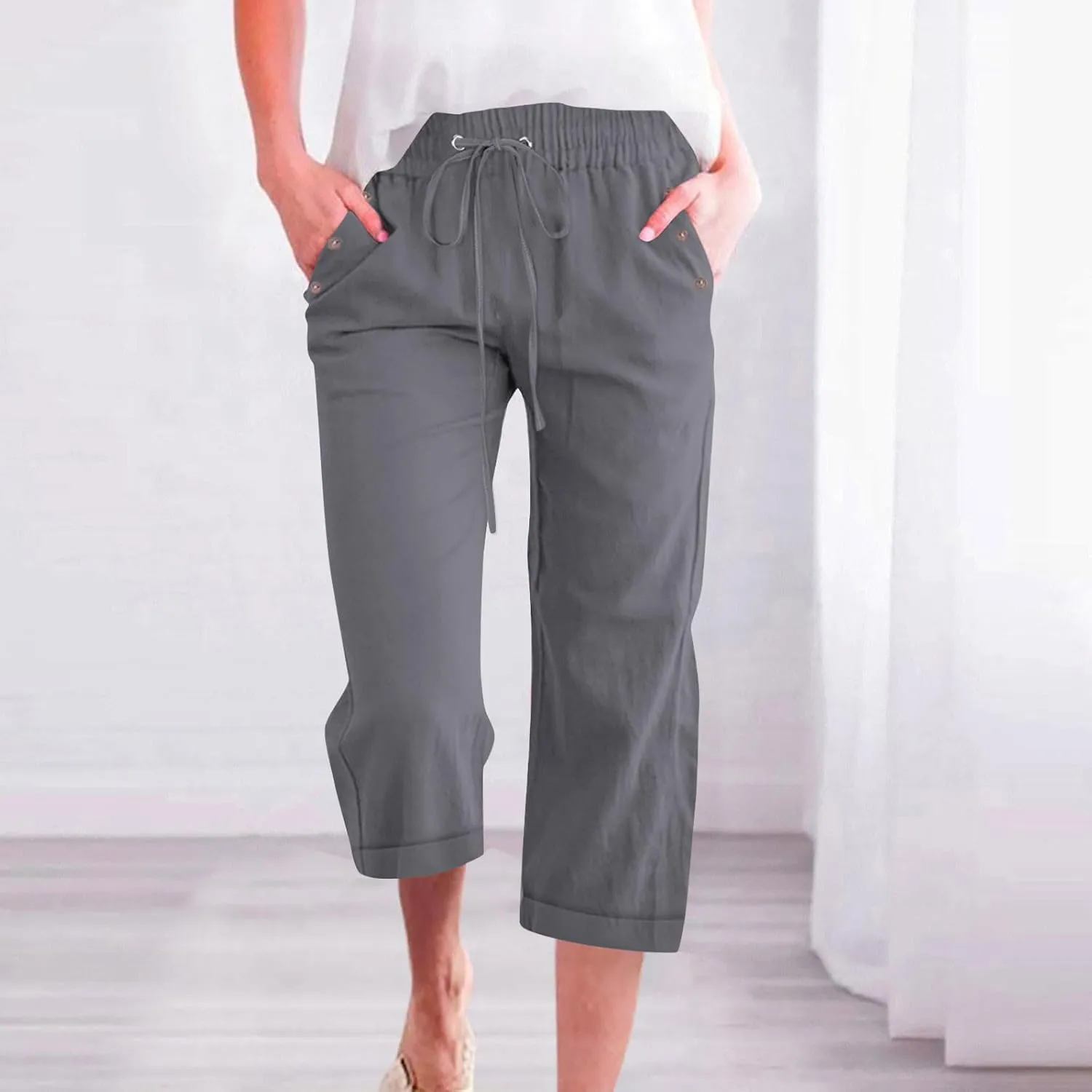 Capri Pants for Women 2025 Summer Linen Wide Leg Pants Casual Lightweight Capri Lounge Short with Pockets