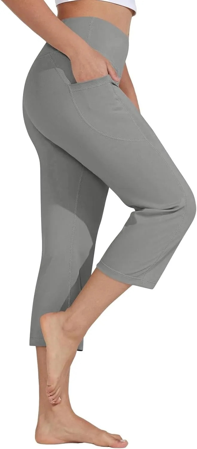 Capri Pants for Women Bootcut High Waist Leggings Crop Athletic Exercise Workout Yoga Pants Tummy Control Capris Straight Leg