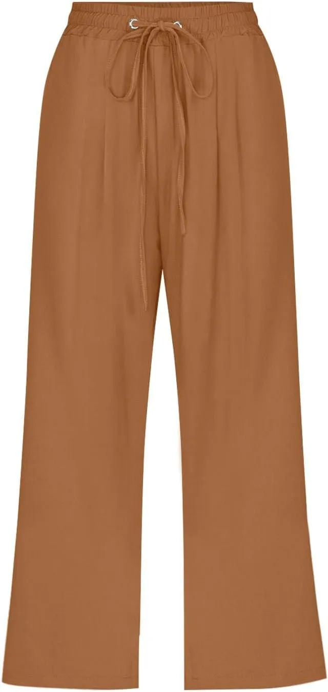 Capri Pants for Women Casual 20235 Summer Drawstring Elastic High Waist Linen Capri Straight Wide Leg Cropped Trousers