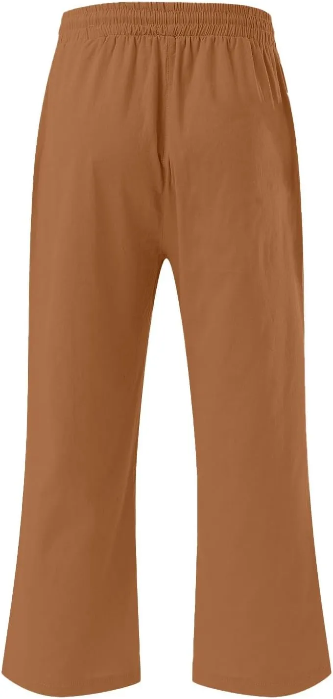 Capri Pants for Women Casual 20235 Summer Drawstring Elastic High Waist Linen Capri Straight Wide Leg Cropped Trousers