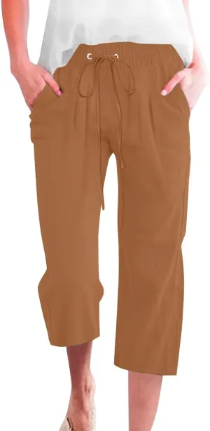 Capri Pants for Women Casual 20235 Summer Drawstring Elastic High Waist Linen Capri Straight Wide Leg Cropped Trousers
