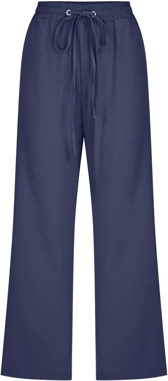 Capri Pants for Women Casual 2024 Summer Drawstring Elastic High Waist Linen Pants Wide Leg Plus Size Lounge Capris