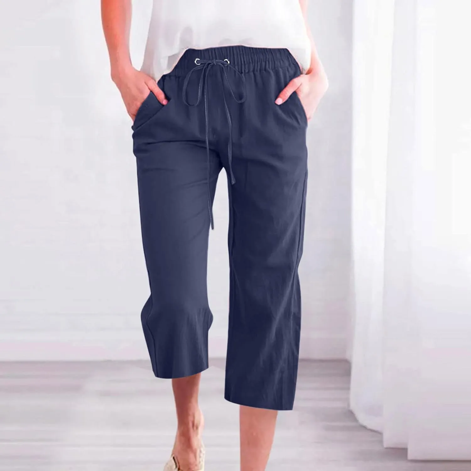 Capri Pants for Women Casual 2024 Summer Drawstring Elastic High Waist Linen Pants Wide Leg Plus Size Lounge Capris