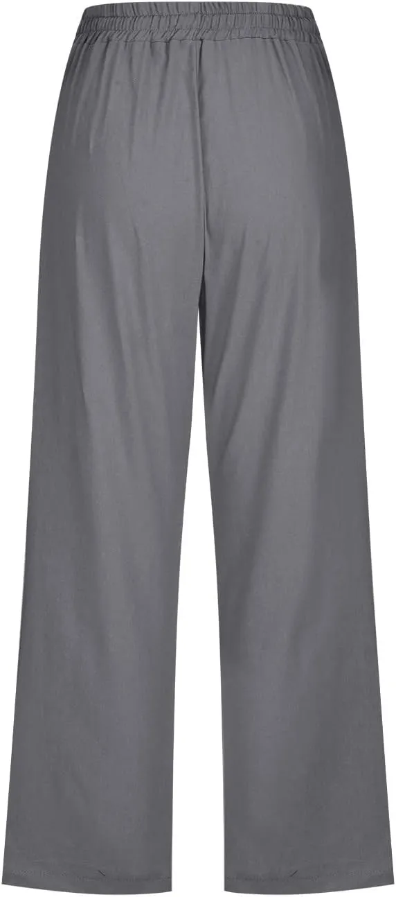 Capri Pants for Women Casual 2024 Summer Drawstring Elastic High Waist Linen Pants Wide Leg Plus Size Lounge Capris