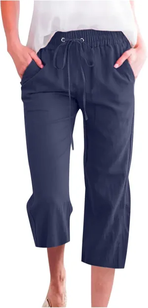 Capri Pants for Women Casual 2024 Summer Drawstring Elastic High Waist Linen Pants Wide Leg Plus Size Lounge Capris