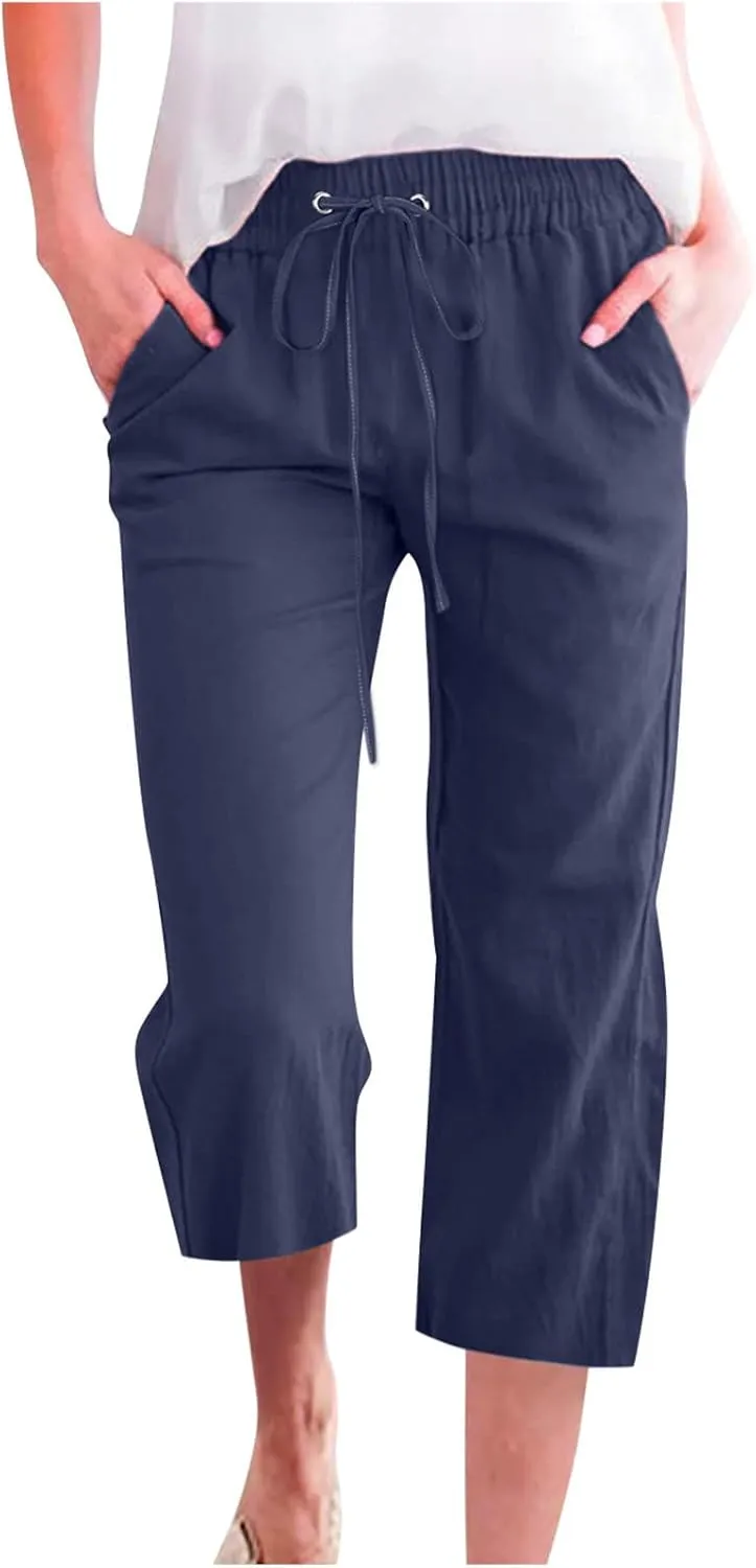 Capri Pants for Women Casual 2024 Summer Drawstring Elastic High Waist Linen Pants Wide Leg Plus Size Lounge Capris