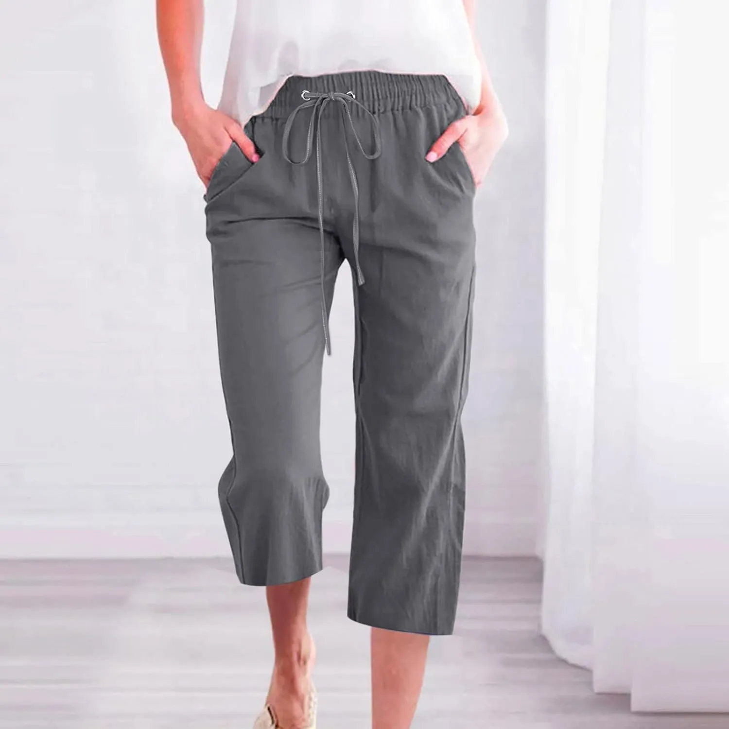 Capri Pants for Women Casual 2024 Summer Drawstring Elastic High Waist Linen Pants Wide Leg Plus Size Lounge Capris