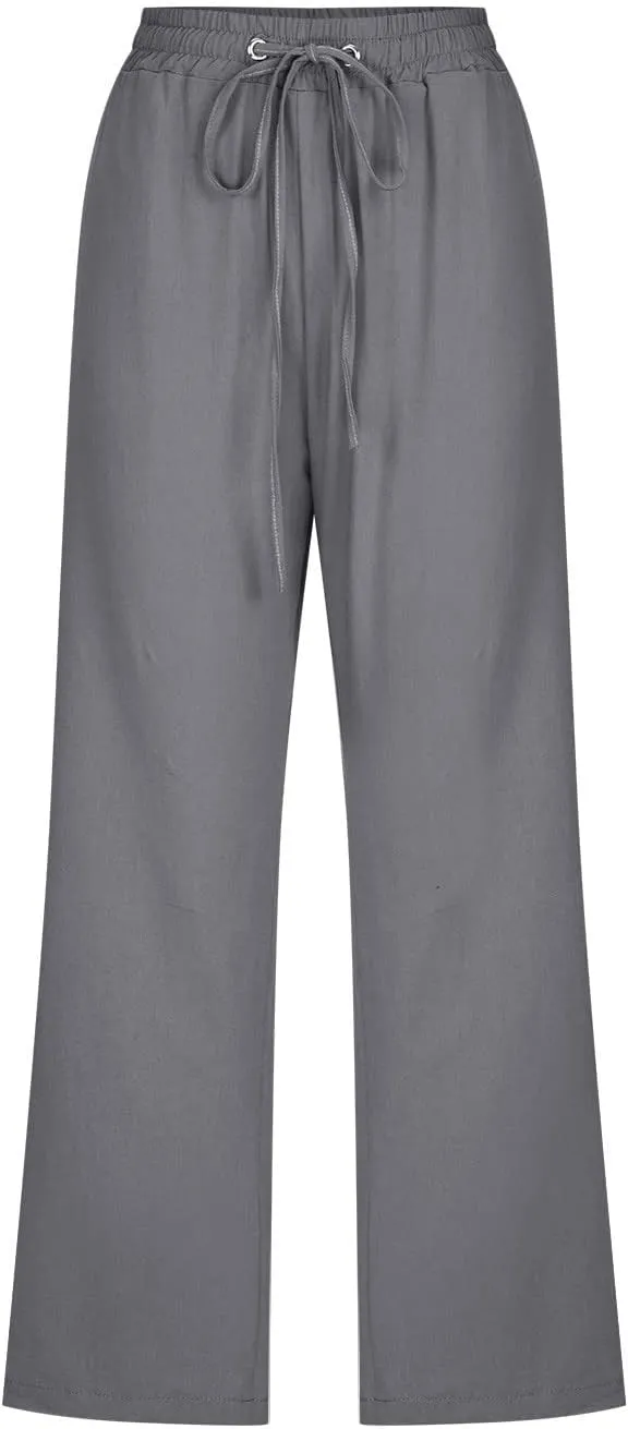 Capri Pants for Women Casual 2024 Summer Drawstring Elastic High Waist Linen Pants Wide Leg Plus Size Lounge Capris