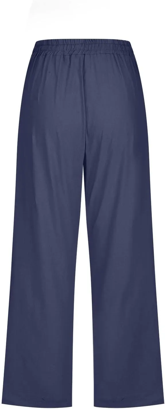 Capri Pants for Women Casual 2024 Summer Drawstring Elastic High Waist Linen Pants Wide Leg Plus Size Lounge Capris