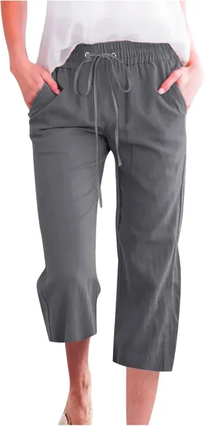 Capri Pants for Women Casual 2024 Summer Drawstring Elastic High Waist Linen Pants Wide Leg Plus Size Lounge Capris