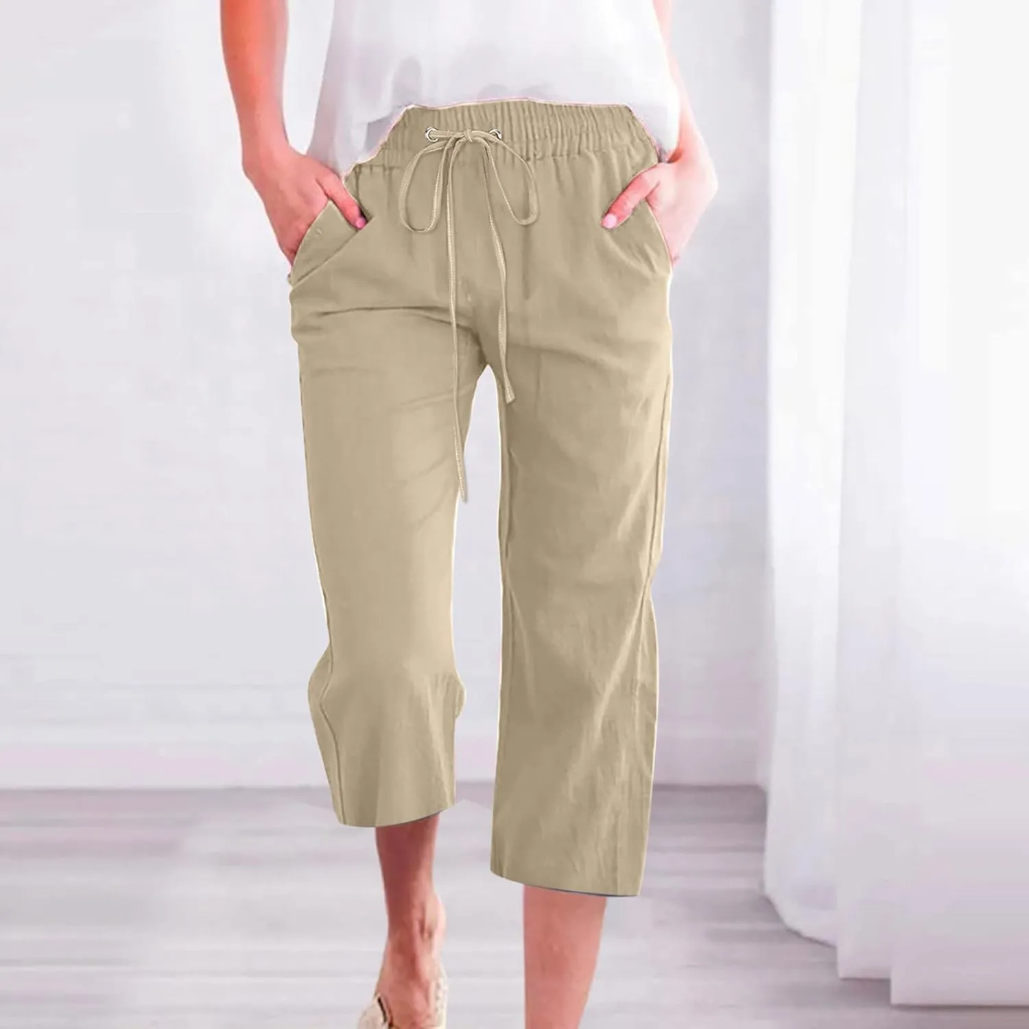 Capri Pants for Women Casual 2024 Summer Drawstring Elastic High Waist Linen Pants Wide Leg Plus Size Lounge Capris