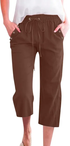 Capri Pants for Women Casual 2025 Summer Drawstring Elastic High Waist Linen Pant
