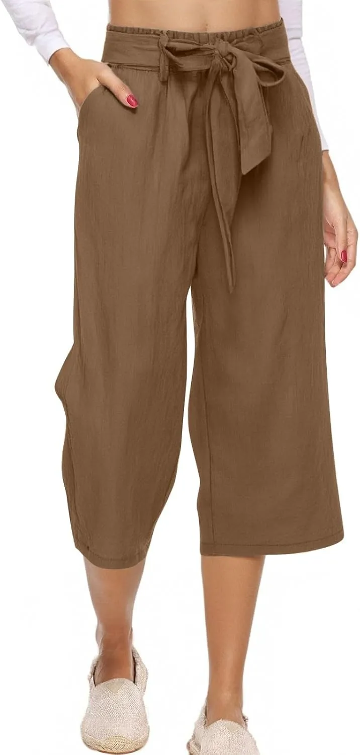Capri Pants for Women Casual Cotton Linen Capris Summer 2025 Straight Leg Drawstring Elastic Waist Cropped Trouser