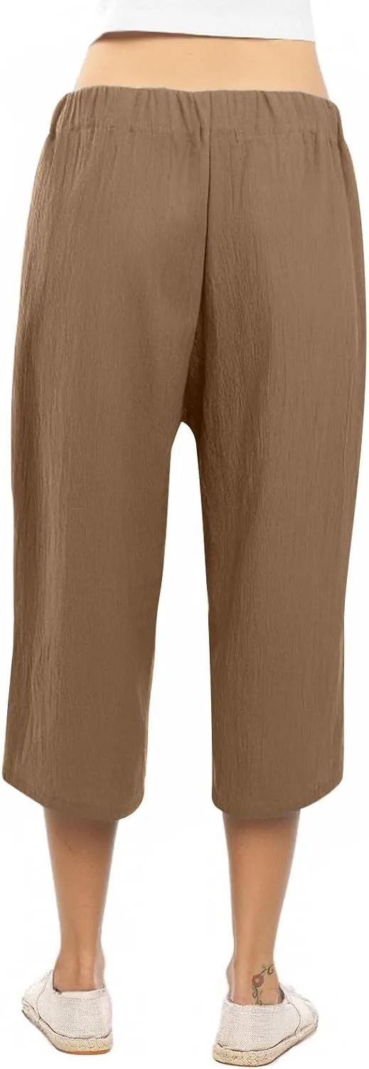 Capri Pants for Women Casual Cotton Linen Capris Summer 2025 Straight Leg Drawstring Elastic Waist Cropped Trouser