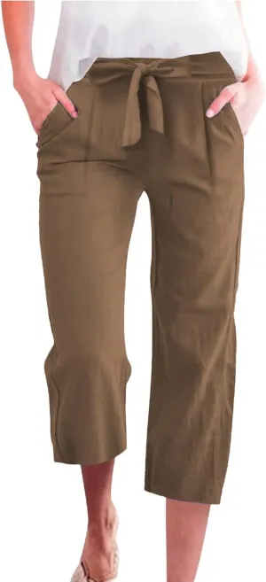 Capri Pants for Women Casual Cotton Linen Capris Summer 2025 Straight Leg Drawstring Elastic Waist Cropped Trouser