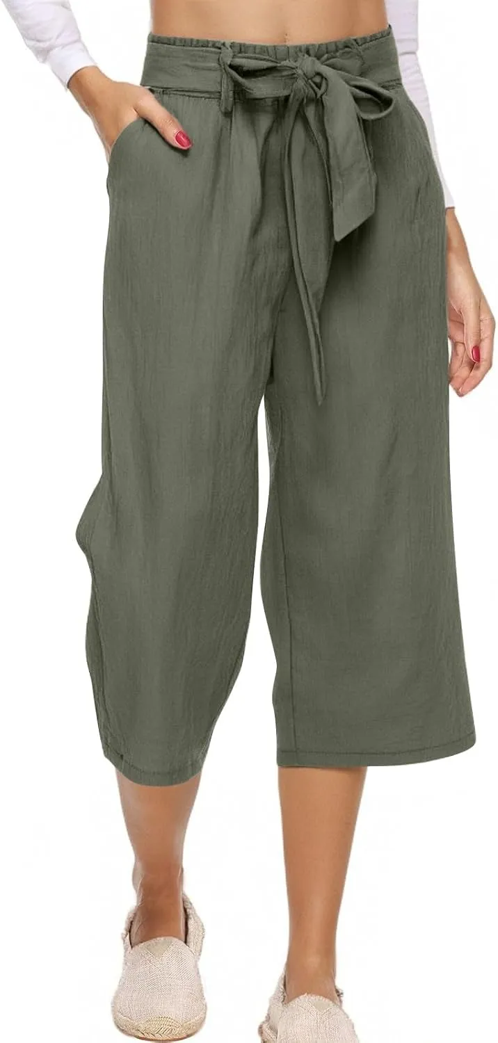 Capri Pants for Women Casual Cotton Linen Capris Summer 2025 Straight Leg Drawstring Elastic Waist Cropped Trouser