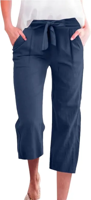 Capri Pants for Women Casual Cotton Linen Capris Summer 2025 Straight Leg Drawstring Elastic Waist Cropped Trouser