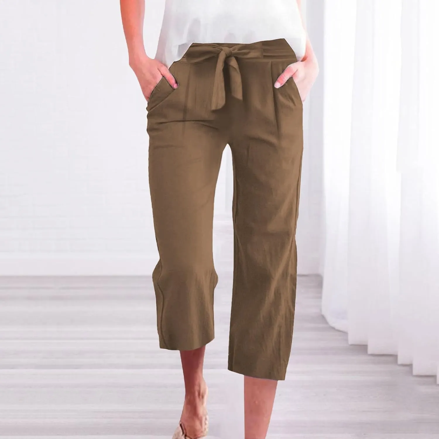 Capri Pants for Women Casual Cotton Linen Capris Summer 2025 Straight Leg Drawstring Elastic Waist Cropped Trouser