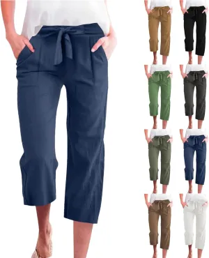 Capri Pants for Women Casual Cotton Linen Capris Summer 2025 Straight Leg Drawstring Elastic Waist Cropped Trouser