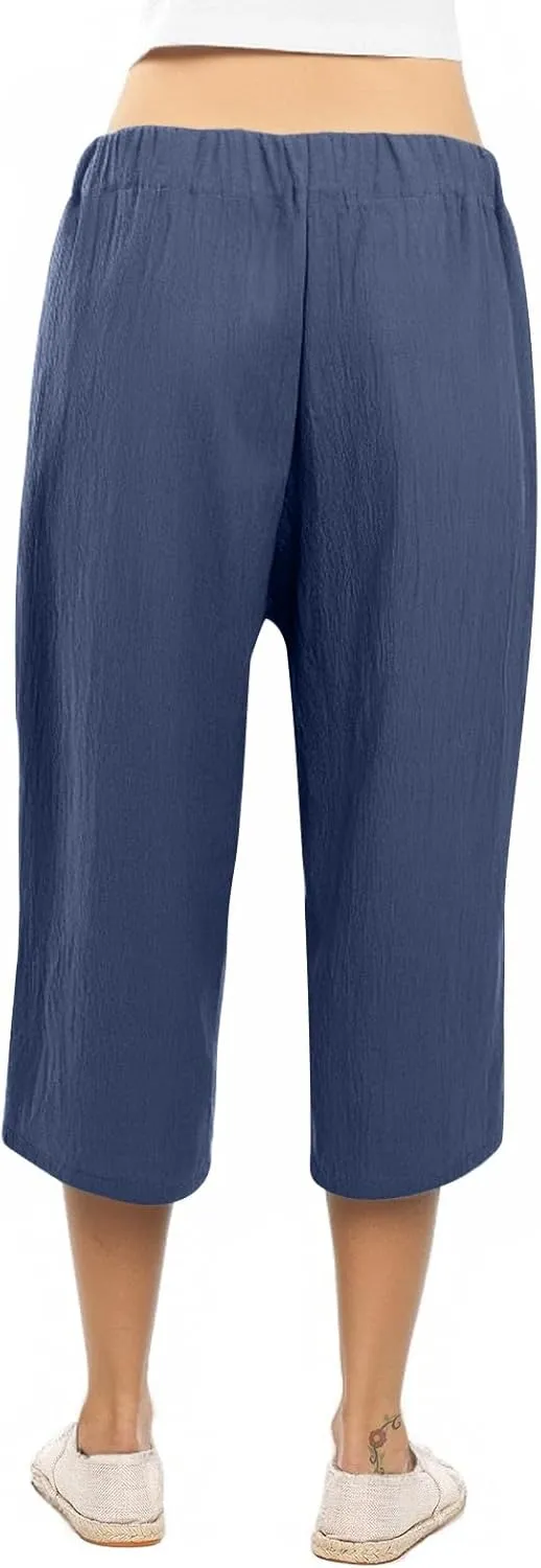 Capri Pants for Women Casual Cotton Linen Capris Summer 2025 Straight Leg Drawstring Elastic Waist Cropped Trouser