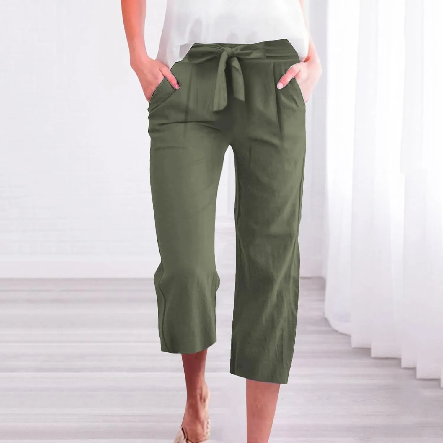 Capri Pants for Women Casual Cotton Linen Capris Summer 2025 Straight Leg Drawstring Elastic Waist Cropped Trouser