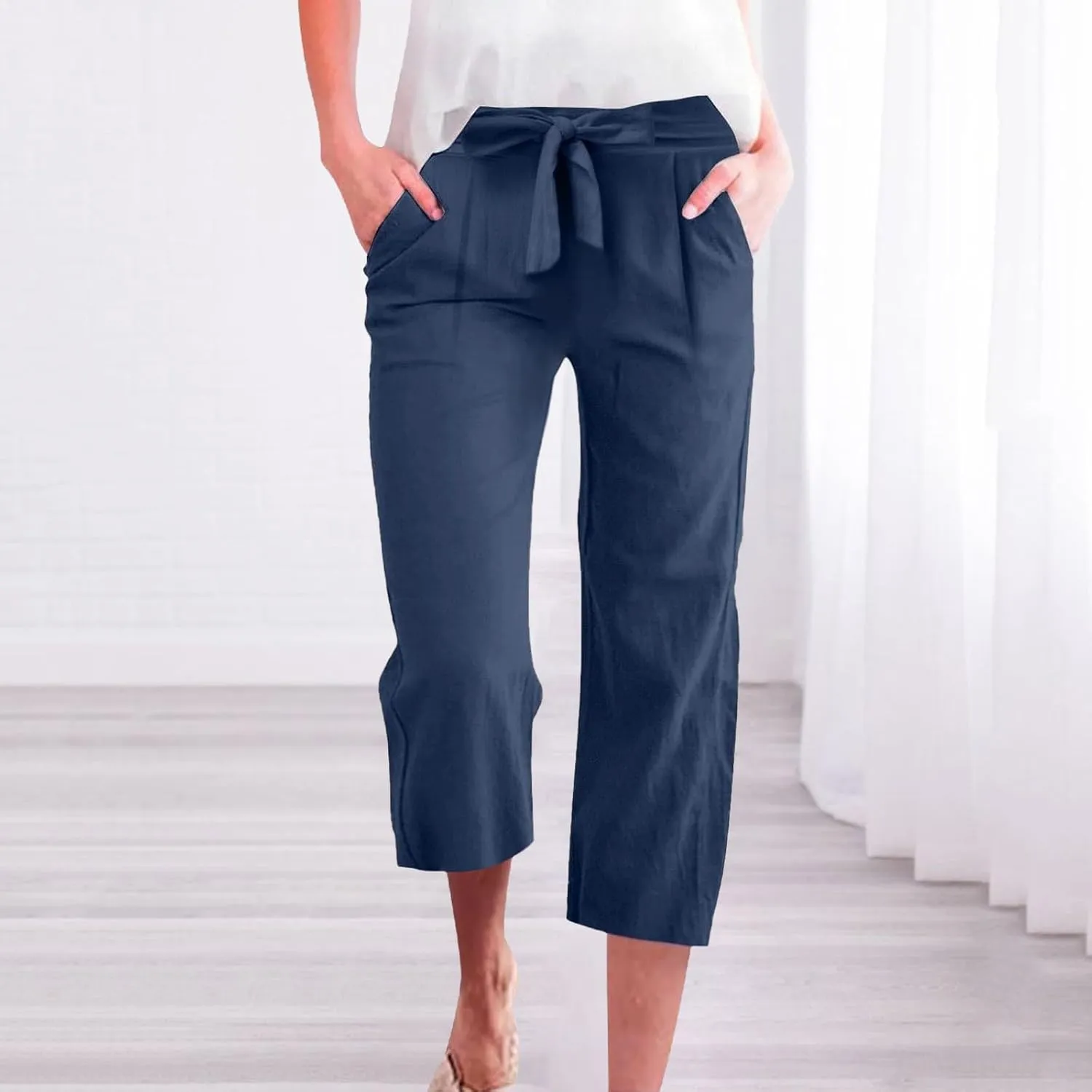 Capri Pants for Women Casual Cotton Linen Capris Summer 2025 Straight Leg Drawstring Elastic Waist Cropped Trouser