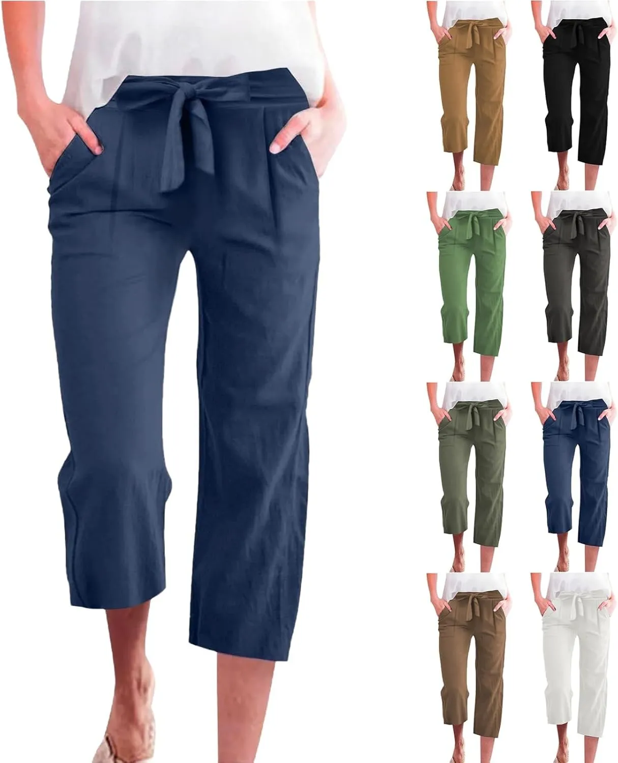 Capri Pants for Women Casual Cotton Linen Capris Summer 2025 Straight Leg Drawstring Elastic Waist Cropped Trouser