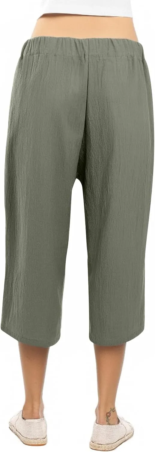 Capri Pants for Women Casual Cotton Linen Capris Summer 2025 Straight Leg Drawstring Elastic Waist Cropped Trouser