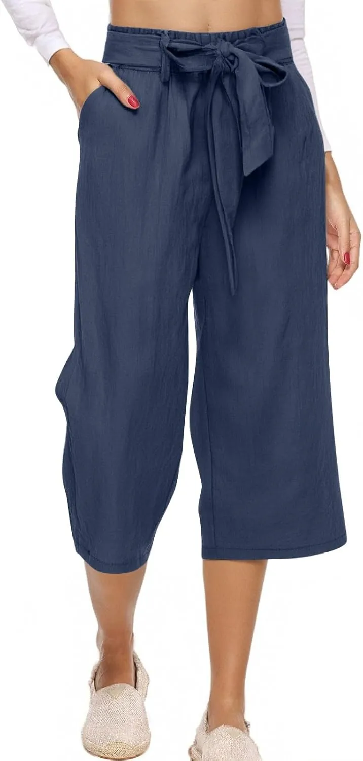 Capri Pants for Women Casual Cotton Linen Capris Summer 2025 Straight Leg Drawstring Elastic Waist Cropped Trouser
